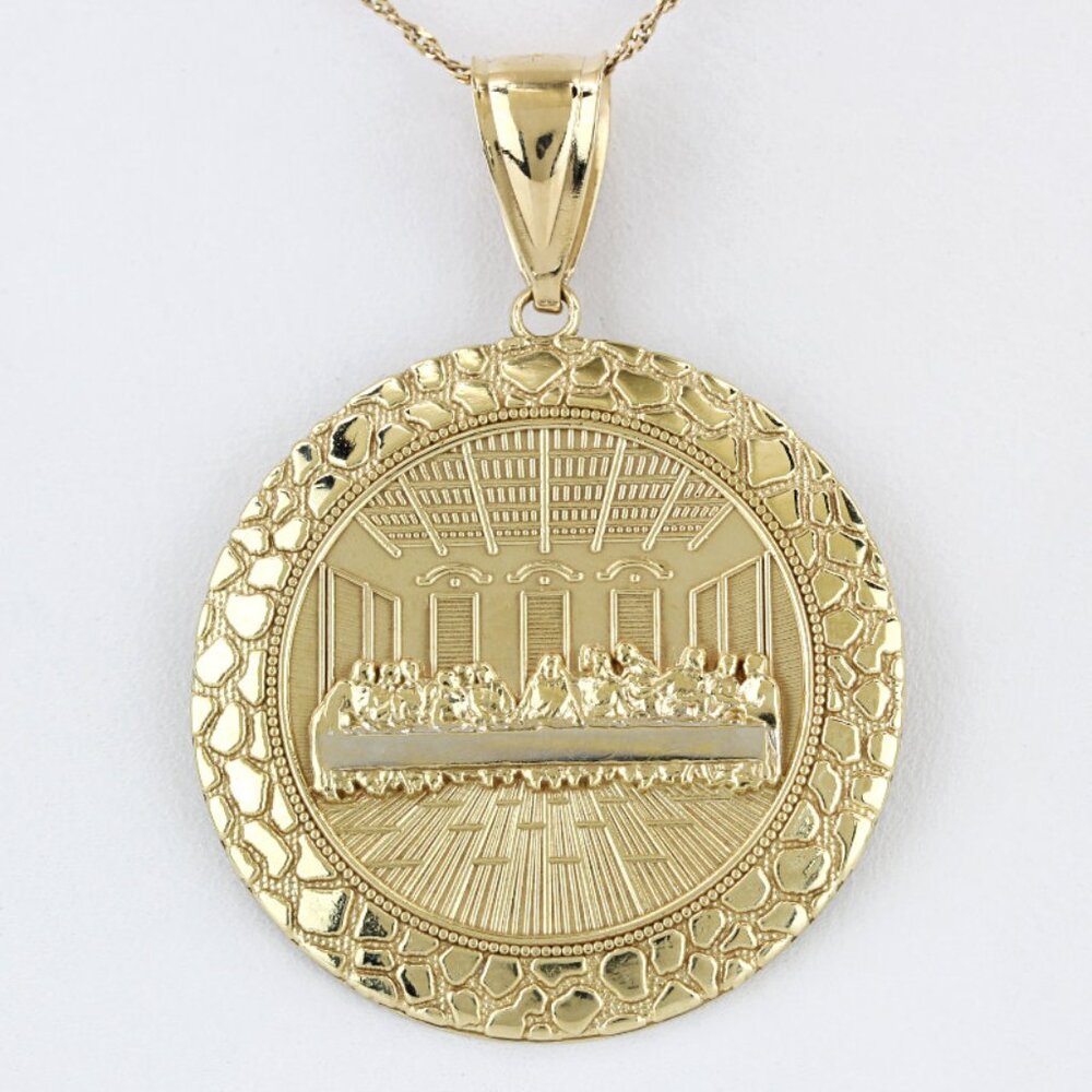 10K Yellow Gold Last Supper Religious Medallion Nugget Pendant
